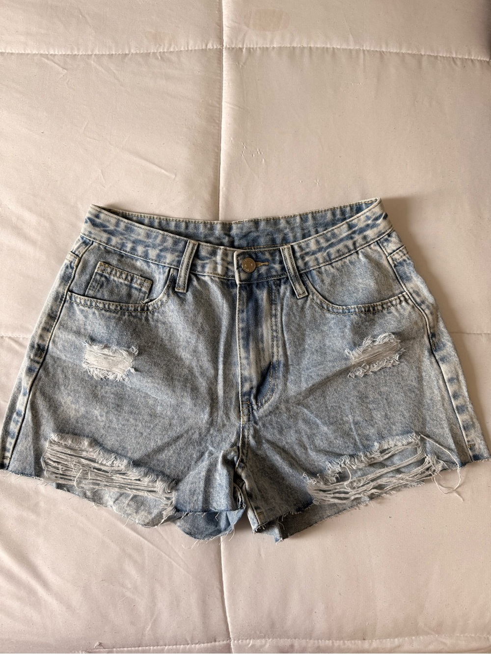 Classic High-Waist Distressed Denim Shorts - Light Blue